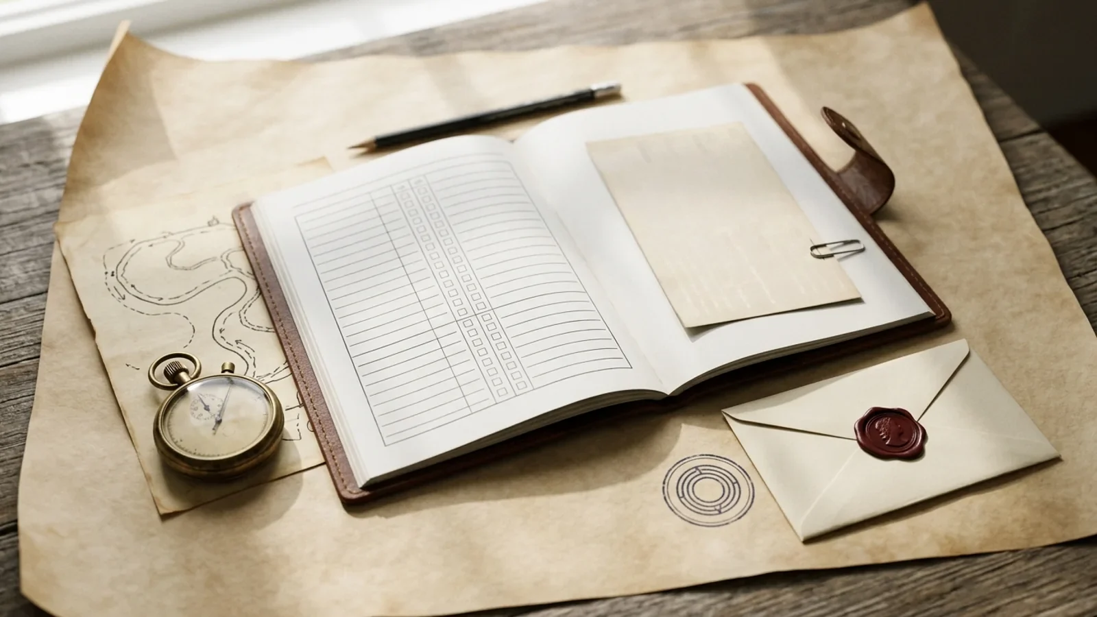 Research still life on parchment: an open ruled workbook with checkbox columns, a blank clipped index card, a stopwatch resting on a hand-drawn walking-course sketch, a pencil, a circular stamp mark, and a wax-sealed envelope