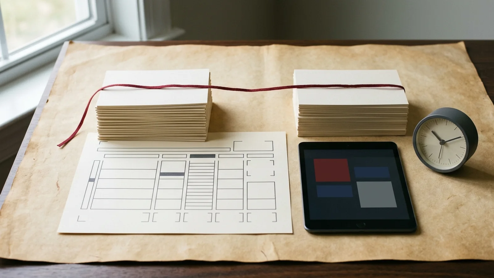 Still life of two parallel paper card stacks linked by an oxblood thread beside a protocol visit schedule, an unbranded tablet showing abstract color blocks, and an analog desk clock