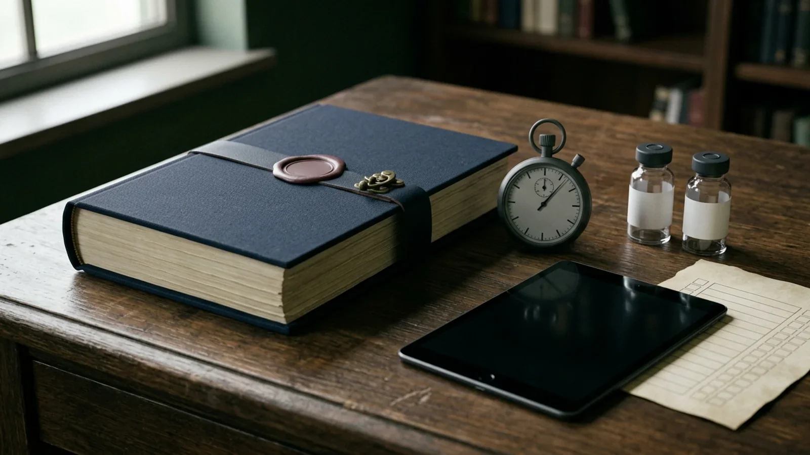 Still life on a wooden desk: a navy cloth-bound casebook closed with a strap and a plain oxblood wax seal, a grey stopwatch, two small vials with blank labels, a tablet with its screen off, and a parchment checklist with empty ruled rows.