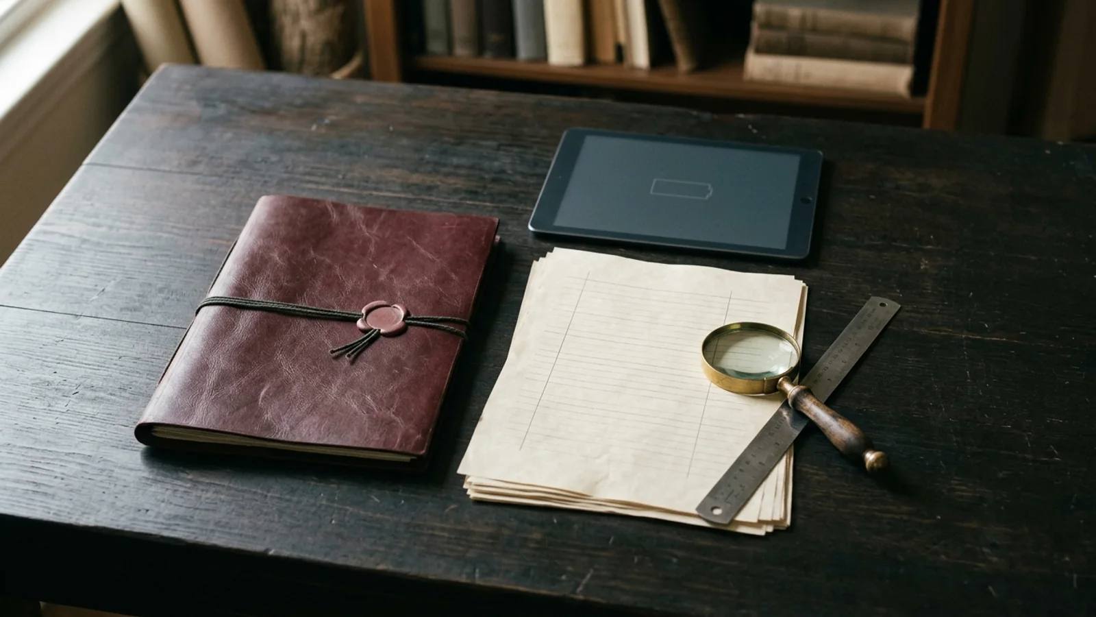 Editorial still life showing an executed study agreement folder, blank assessment forms, review ruler, and an unconfigured study tablet