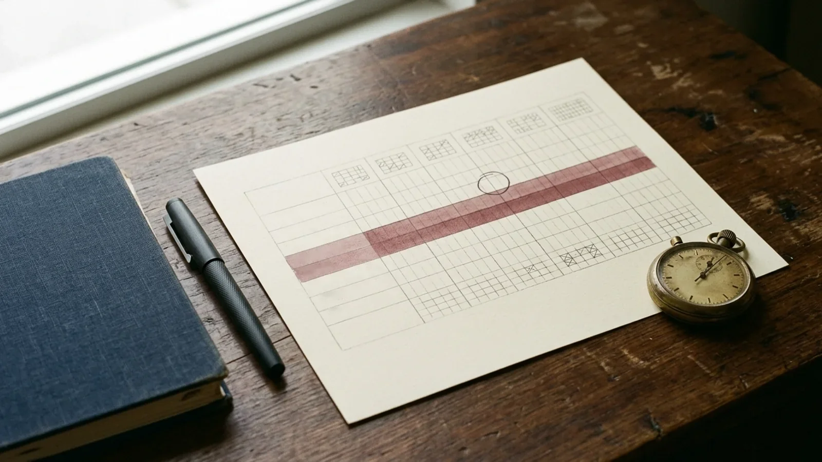 Still life on a dark wooden desk: an unlabeled schedule-of-assessments grid with an oxblood shaded band and a single ink circle just outside it, beside a navy cloth notebook, a black pen and a brass stopwatch.
