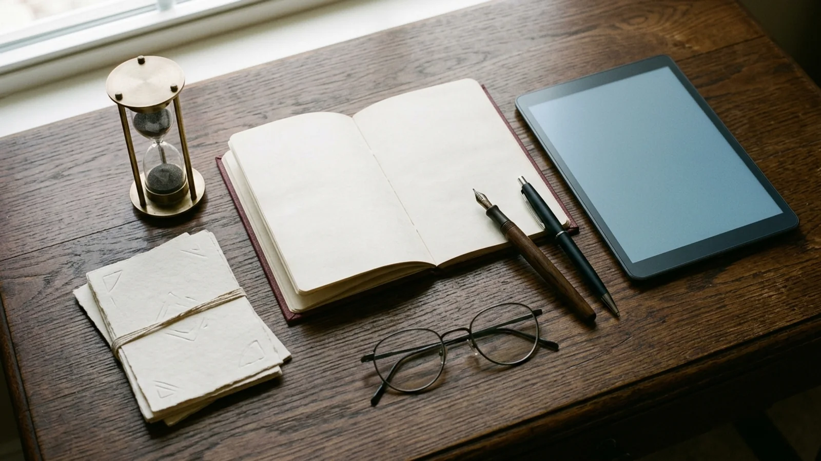 An open blank research diary booklet, two pens, reading glasses, a brass hourglass, and an unmarked tablet on a wooden desk, symbolizing the documentation and handover of observer-reported clinical diary entries