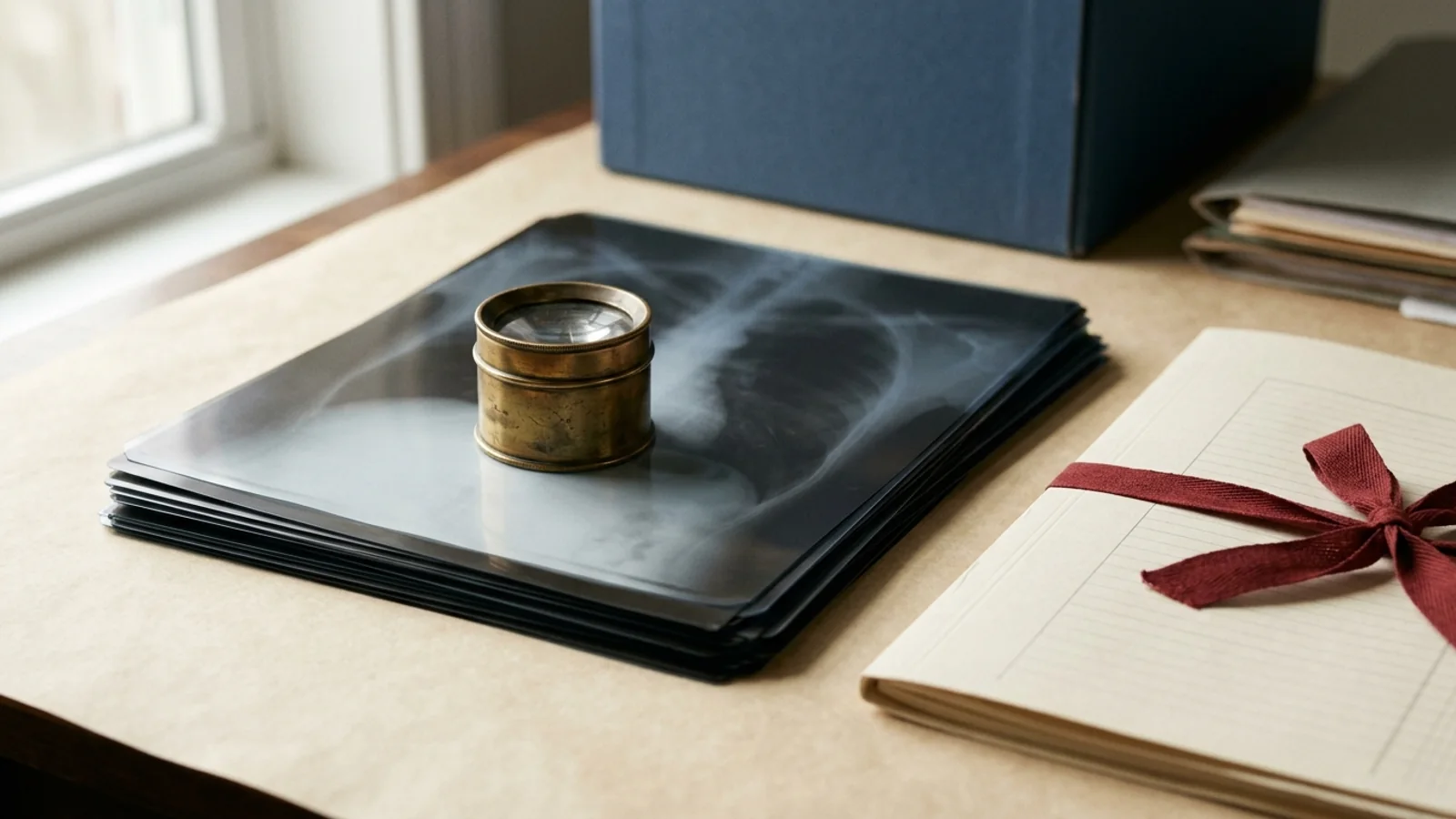 Stacked chest-radiograph sheets with a brass loupe beside blank ruled papers tied with an oxblood ribbon and a muted blue archive box.
