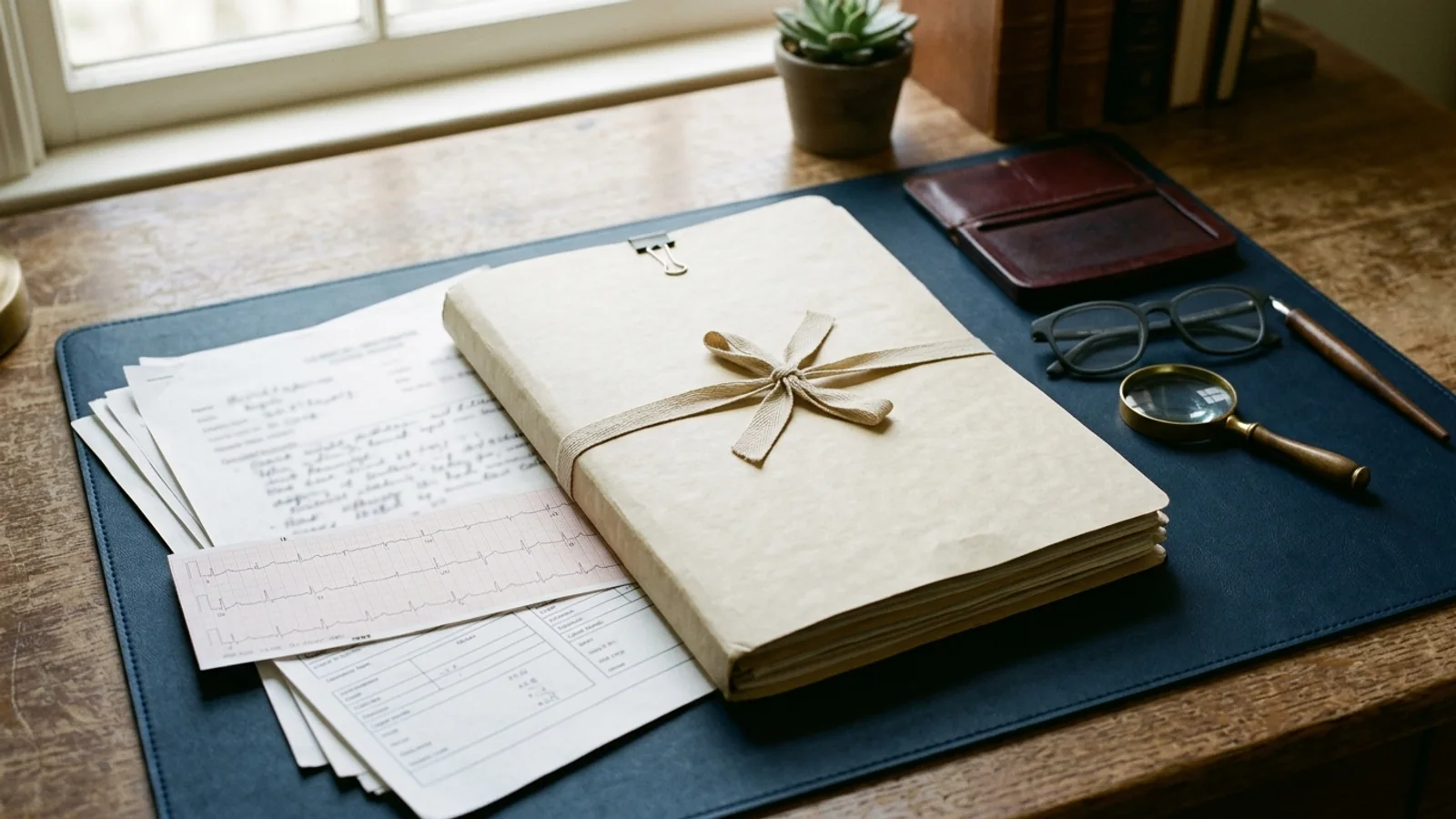 A closed anonymous clinical trial endpoint adjudication case-packet folder tied with twill tape beside illegible hospital records, an ECG strip, lab forms, and reading glasses on a study desk