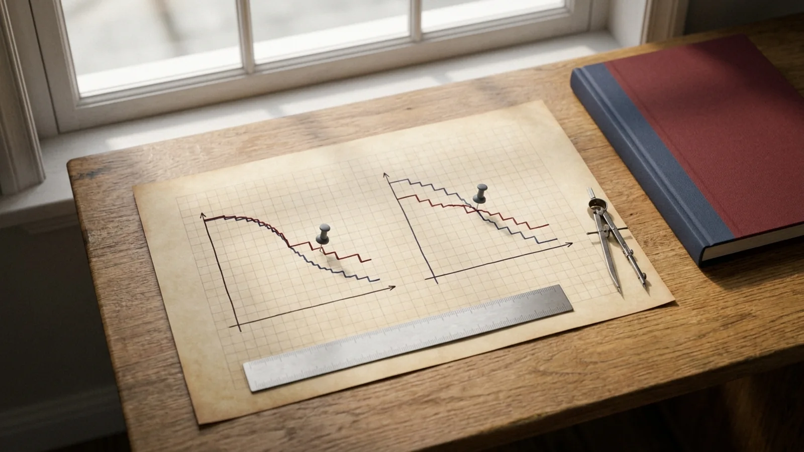 Research-journal still life by a window: on warm grid paper, two hand-inked pairs of stepped survival curves in oxblood and navy, one pair separating late and one pair crossing, each with a single charcoal pushpin where the lines diverge, beside a steel ruler, steel dividers and a closed oxblood-and-navy binder.