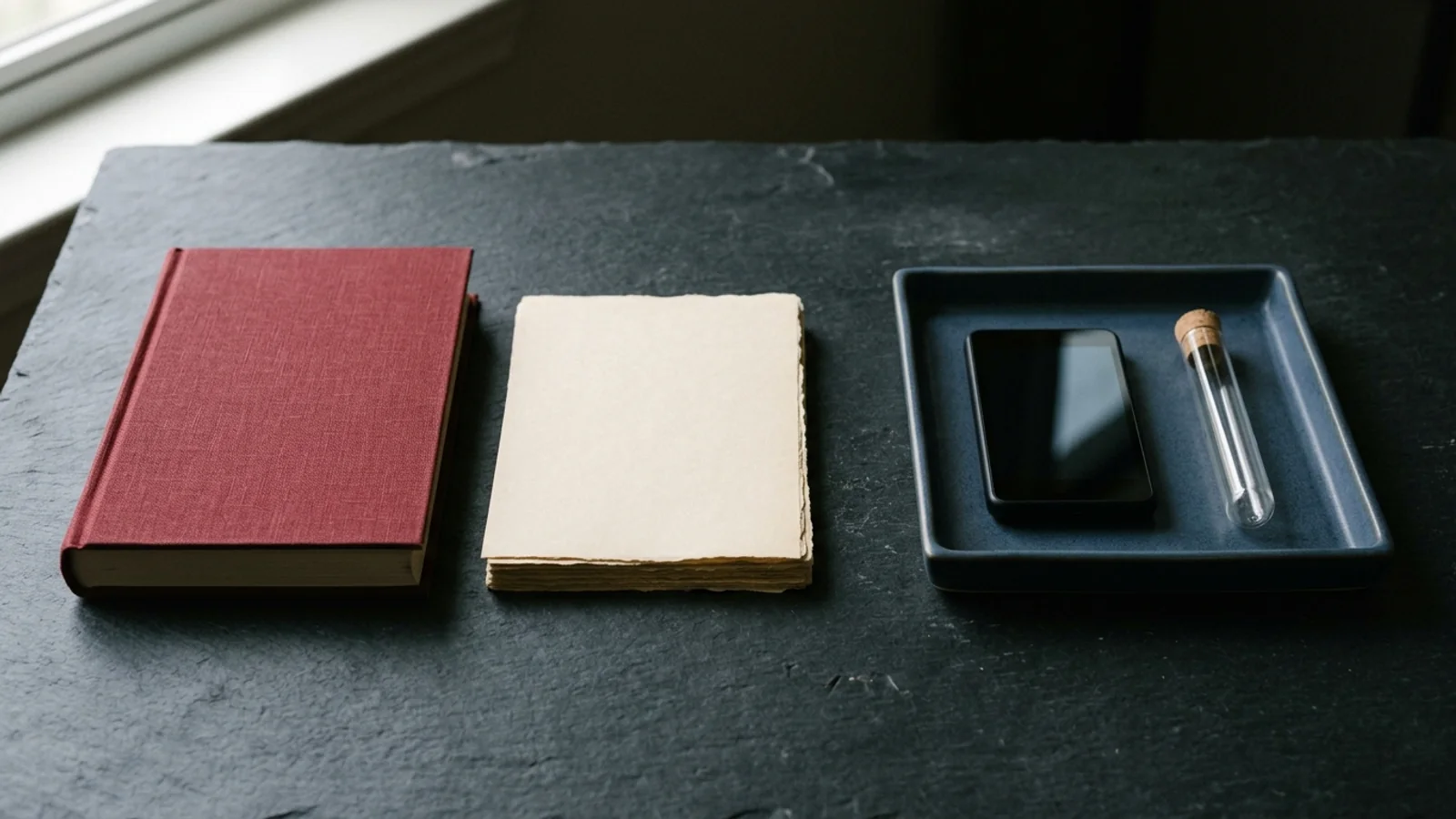 Editorial still life of a closed oxblood protocol binder and filed parchment records separated from a collection tray holding a powered-off handheld device and sealed specimen tube.