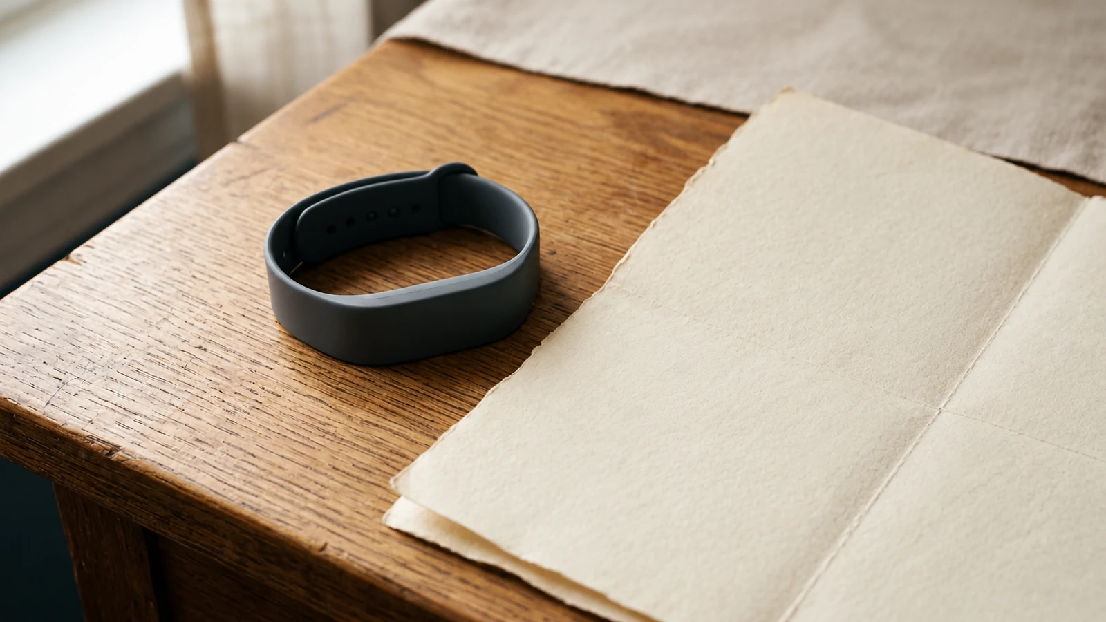 Unbranded charcoal activity sensor band resting beside blank folded cream paper on a wooden desk.