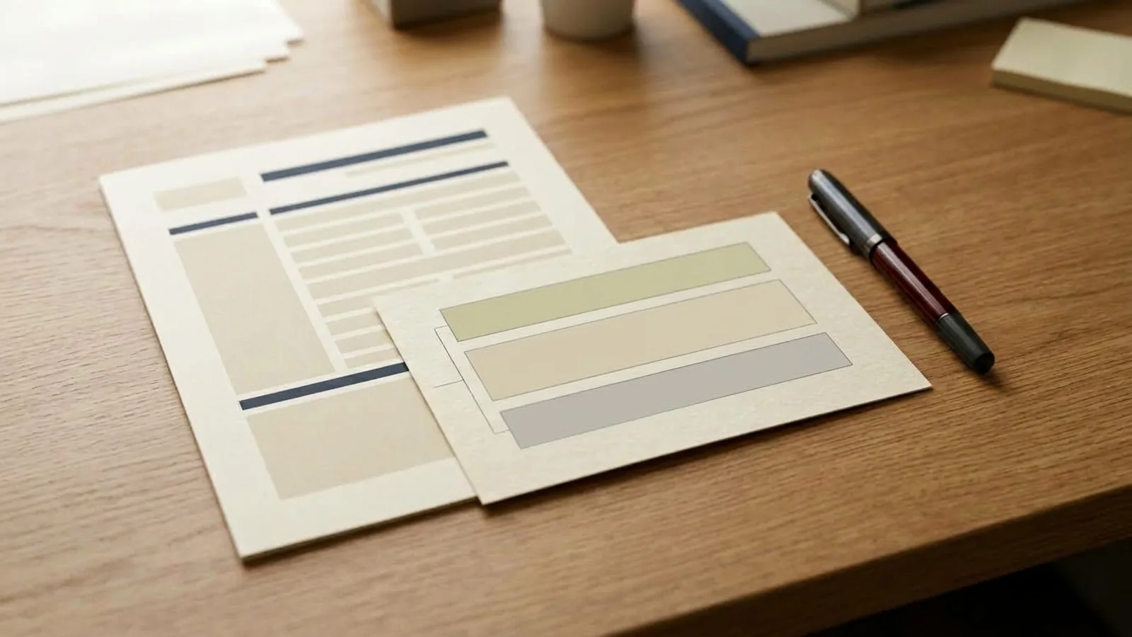 An unbranded printed protocol page with blank, unreadable layout blocks, partly overlapped by a plain record card with three empty field rows, next to a capped pen on a wooden desk.