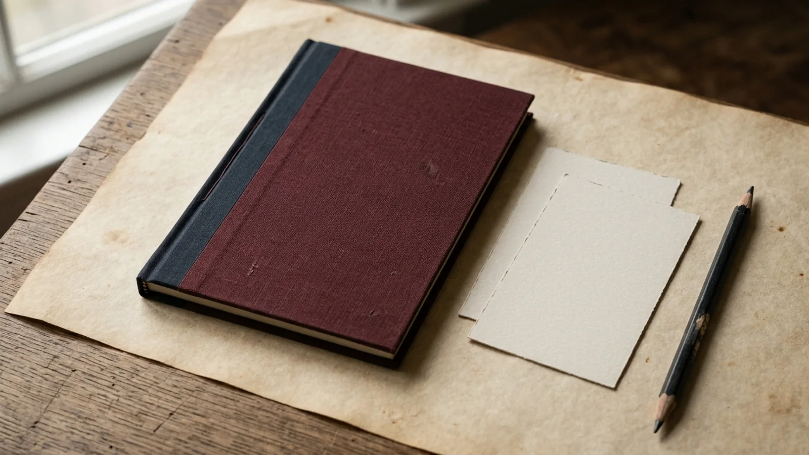 Editorial still life of a closed oxblood linen clinician-rating protocol booklet lying beside two blank cardstock scoring slips and a charcoal pencil on parchment paper
