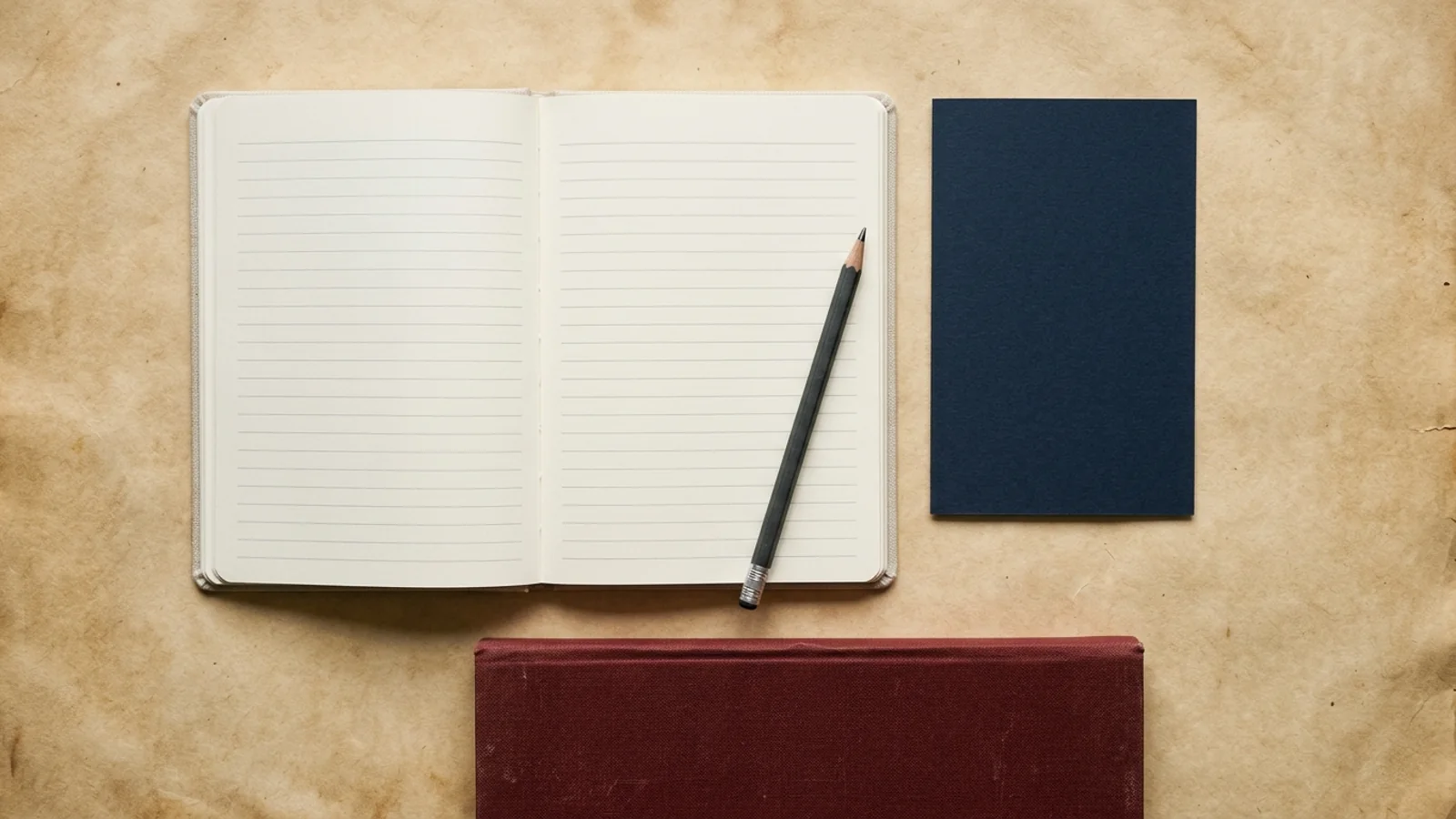 Unbranded interview notepad, pencil, closed oxblood folder, and cardstock arranged on warm parchment paper in directional natural light