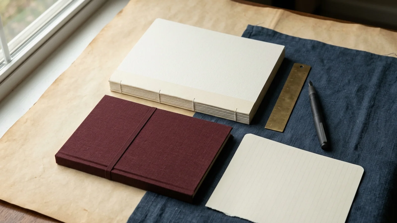 Editorial still life of an unmarked protocol document, oxblood linen assessment notebook, brass ruler, and fountain pen on warm parchment and navy cloth