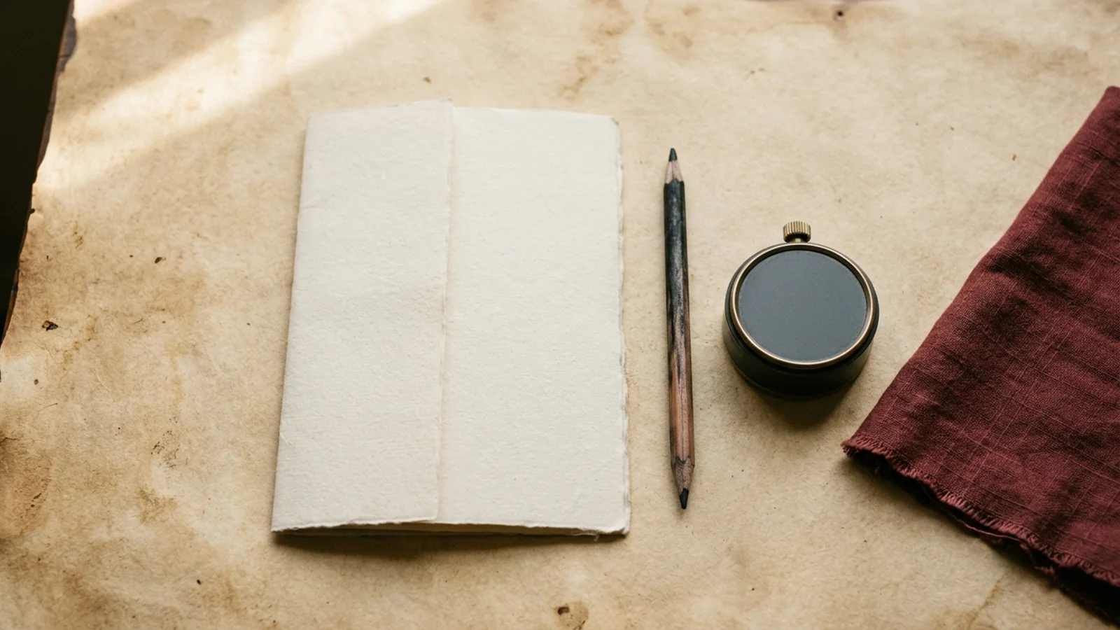 Editorial still life of an unmarked paper assessment booklet, pencil, and unbranded analog timer on parchment with oxblood cloth