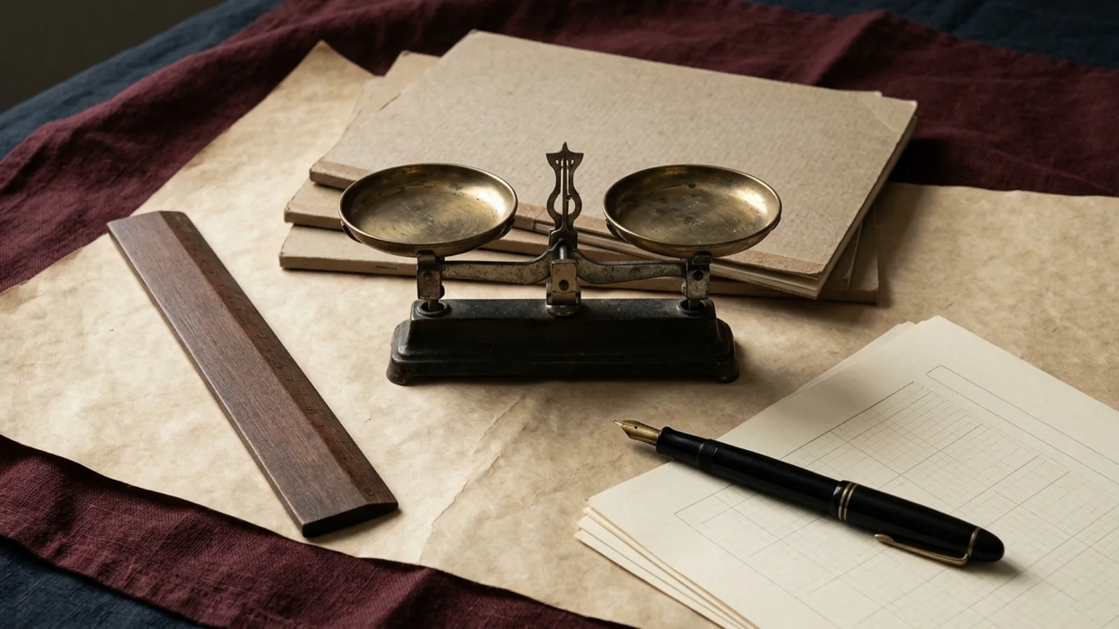 Editorial still life of an analog balance scale, unmarked assessment booklets, a wooden ruler, and a fountain pen on warm parchment and oxblood linen.