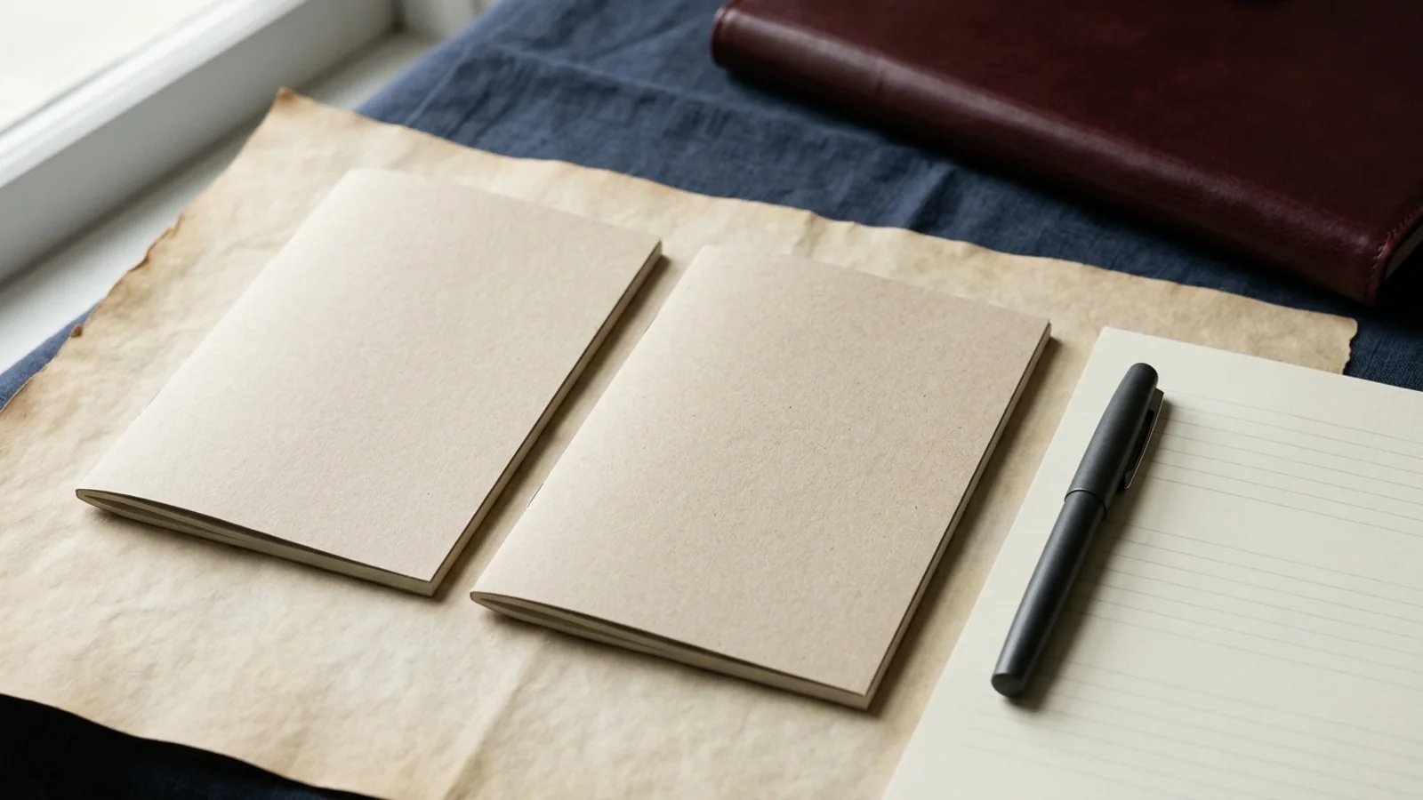 Two unbranded paper assessment booklets placed side by side on parchment next to a closed fountain pen and notebook
