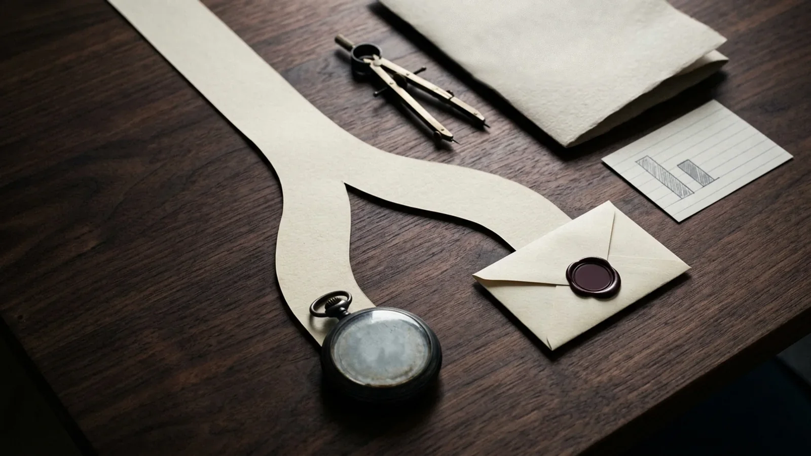 Research-journal editorial still life of a paper timeline branching into two mutually exclusive endpoints under a pocket watch and a sealed envelope, symbolizing competing risks