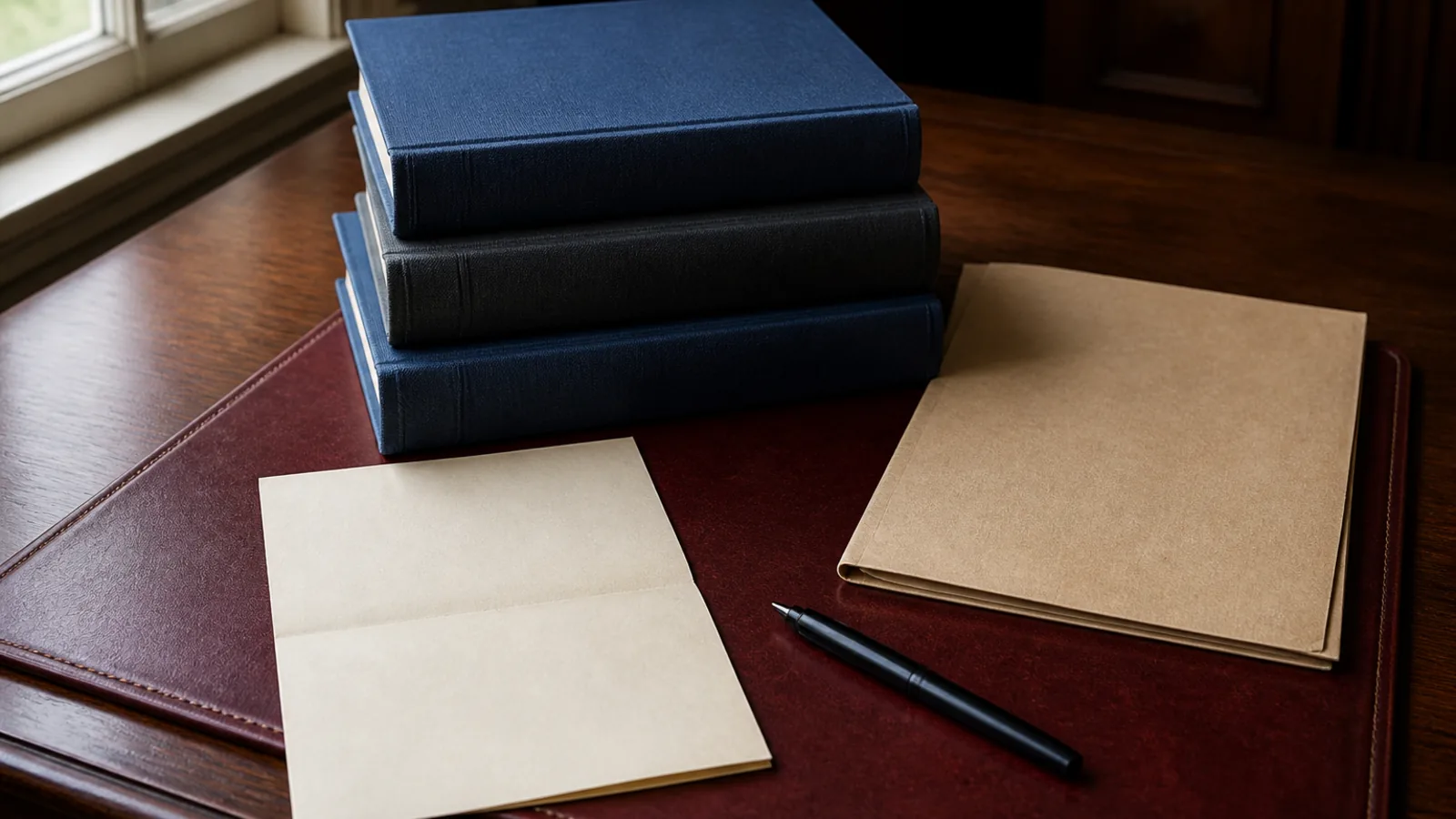 Editorial still life of unlabeled navy and charcoal study binders, a closed kraft folder, blank folded paper, an unbranded pen, and an oxblood blotter on a wood desk under natural window light