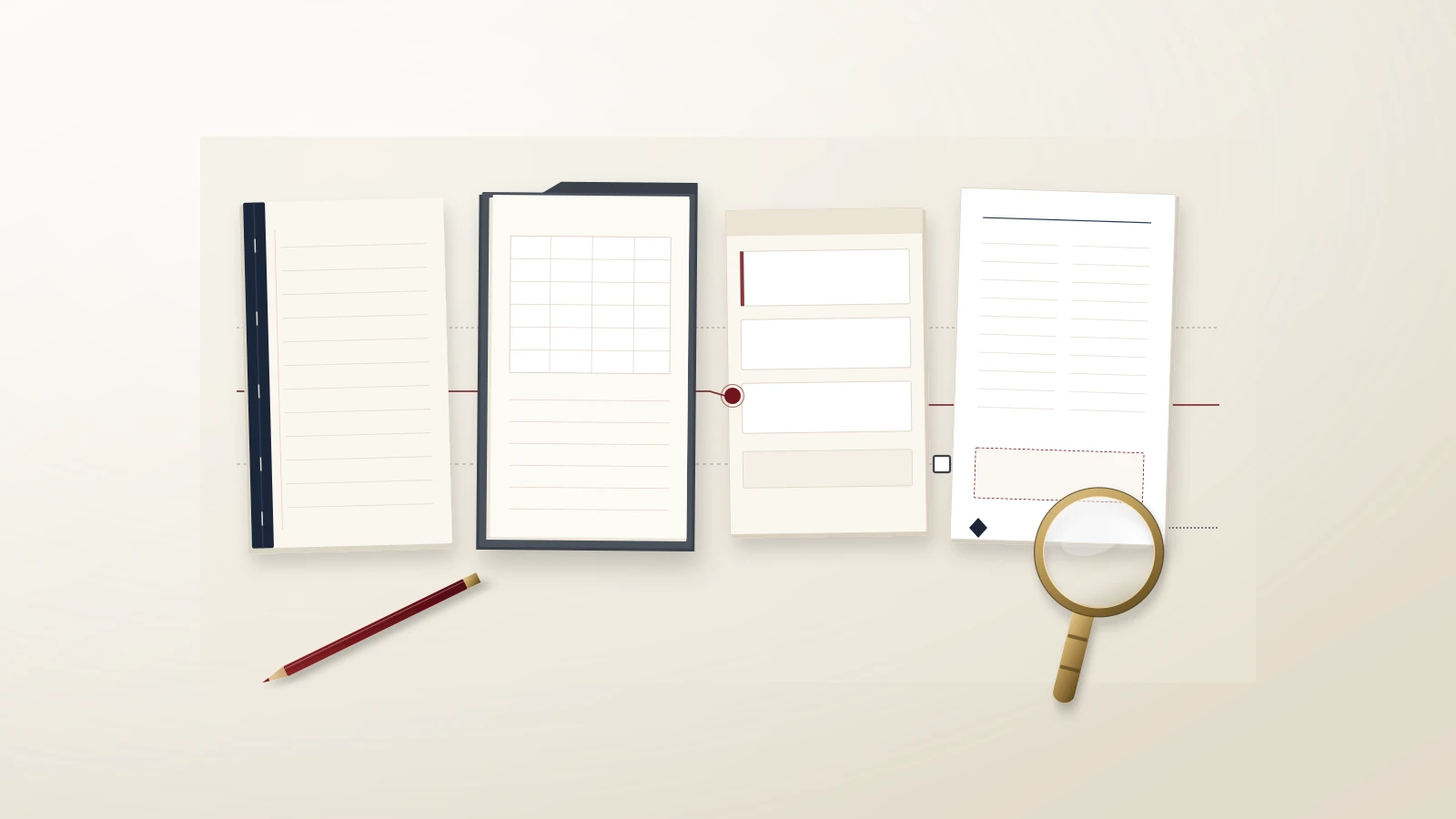 Illustrated still life of four blank, unbranded study documents on a warm-paper table: a navy-bound protocol booklet, a charcoal analysis-plan folder with an empty ruled grid, a registry record card with empty compartments and a page proof, joined by dashed and oxblood ledger lines with three plain markers, beside a red pencil and a brass magnifying glass