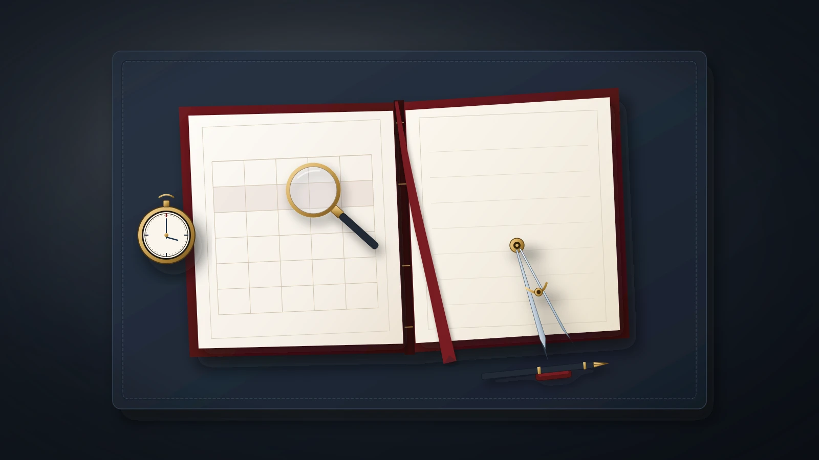 Illustrated still life of an open oxblood protocol binder with a blank ruled grid under a brass magnifying lens, beside a pocket watch, drafting dividers and a pen on a navy desk mat