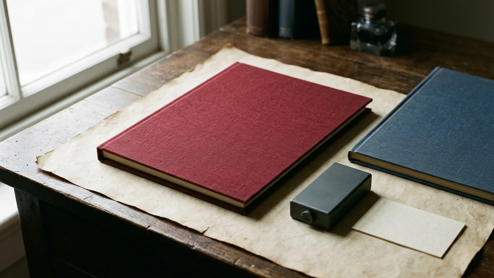 An unbranded research-journal still life featuring an oxblood linen binder, a muted navy ledger, an unmarked sensor housing, and archival parchment under directional natural light.