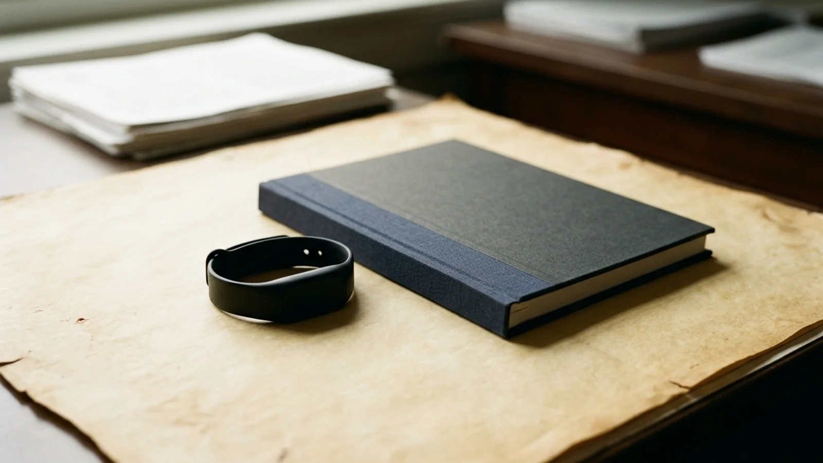 Editorial still life of an unbranded sensor wristband with an inactive screen beside a closed unmarked protocol folio on parchment