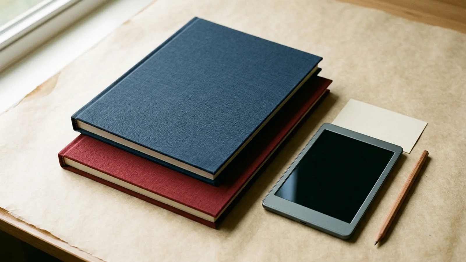 Editorial still life with two closed clothbound protocol notebooks in oxblood red and navy blue stacked on warm parchment paper beside an unbranded handheld device with a dark blank screen