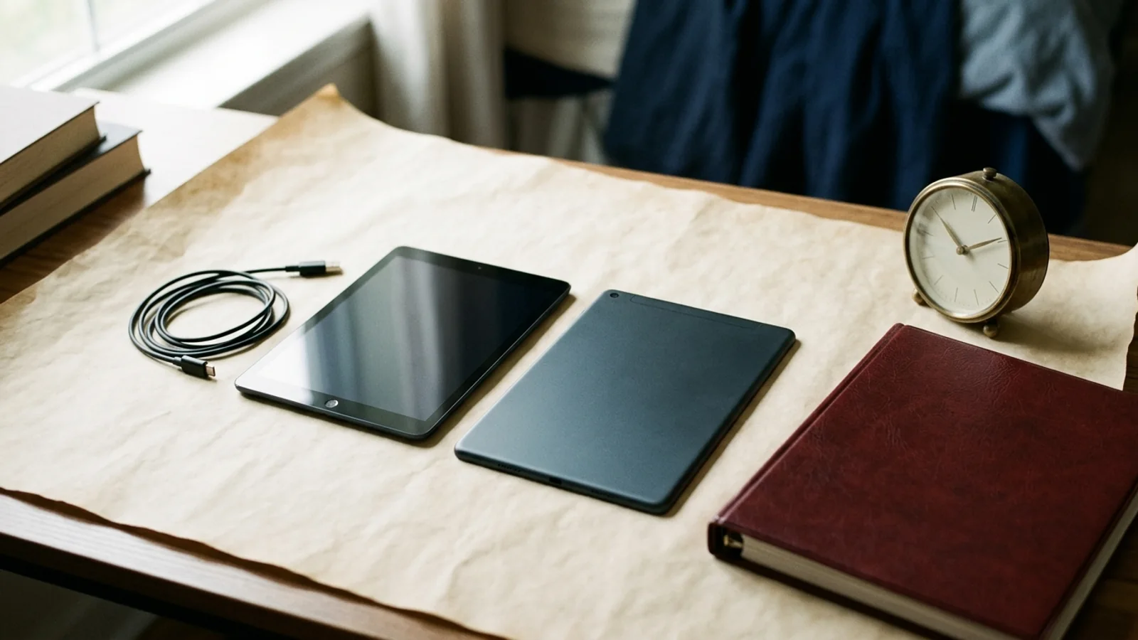 Editorial still life with two unbranded study tablets, a disconnected coiled cable, a brass analog clock, and a closed oxblood binder on warm paper