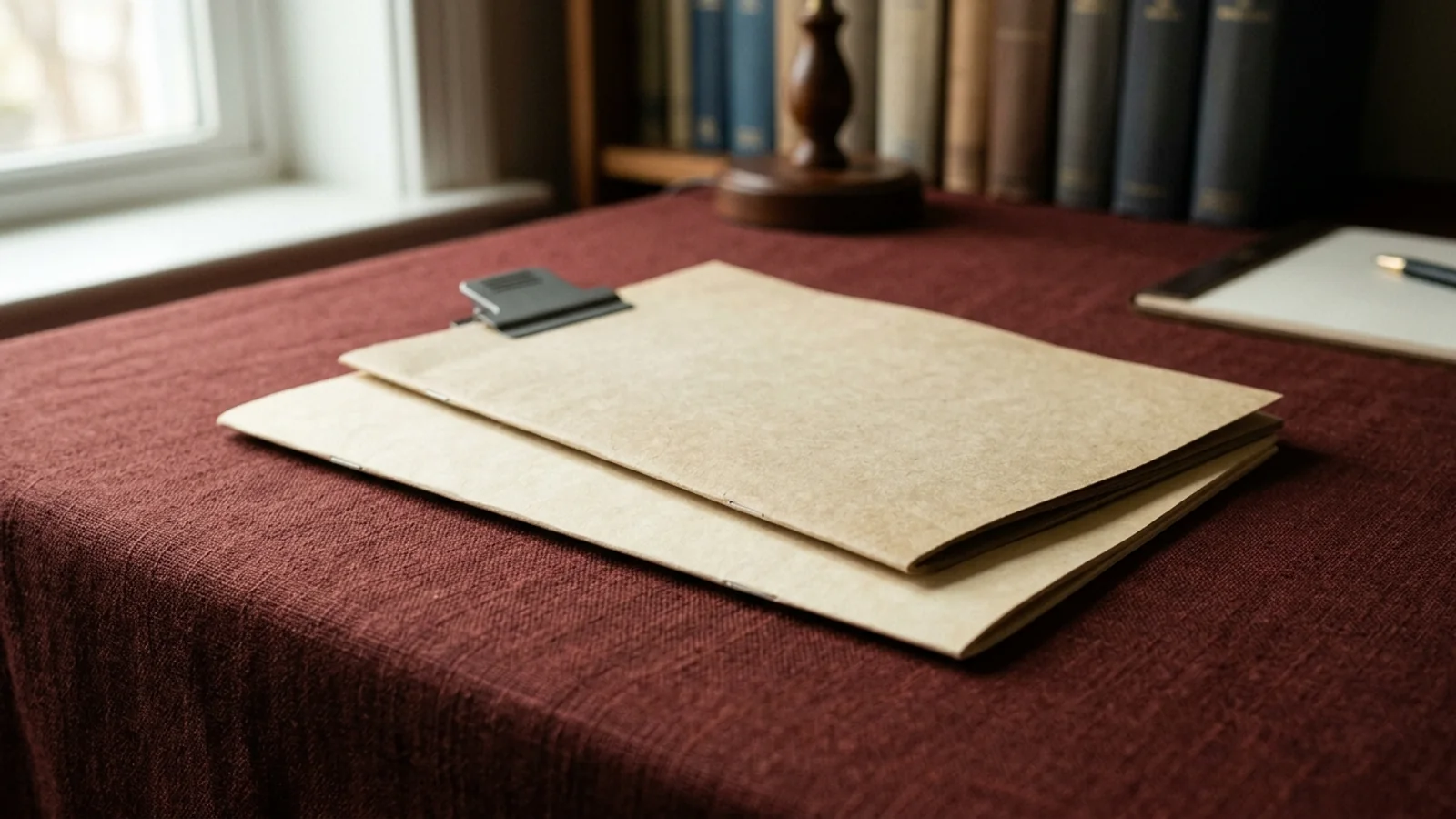 Two plain paper study folios bound with a metal clip on an oxblood linen table in natural directional light