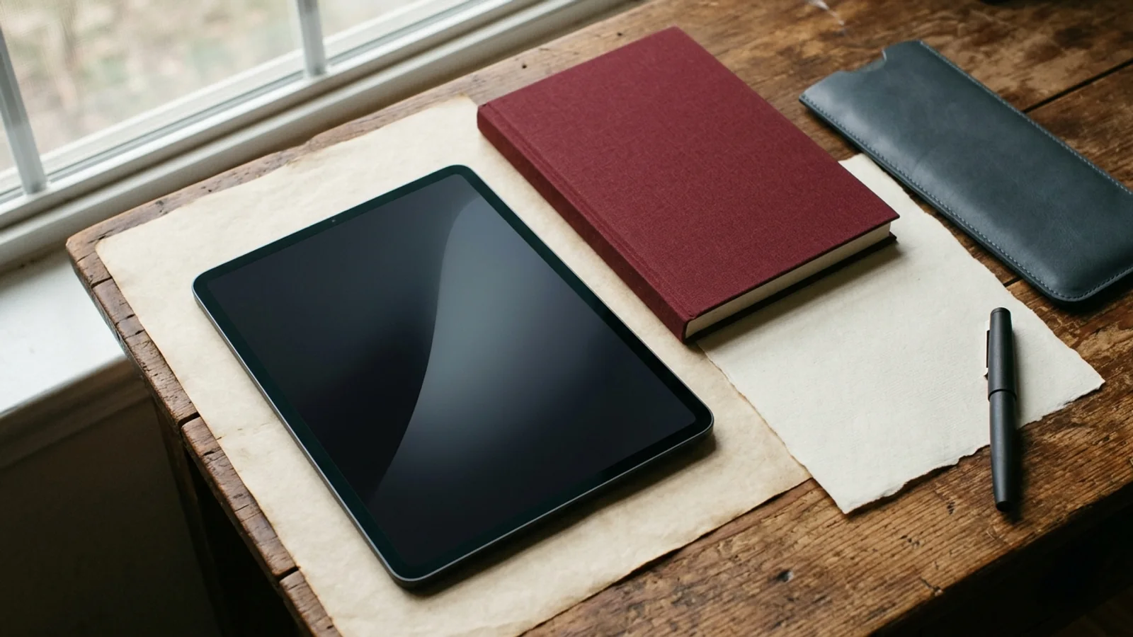 Research-journal still life with an unbranded tablet displaying a blank screen, a closed oxblood cloth notebook, a document sleeve, and blank parchment on a wooden desk.