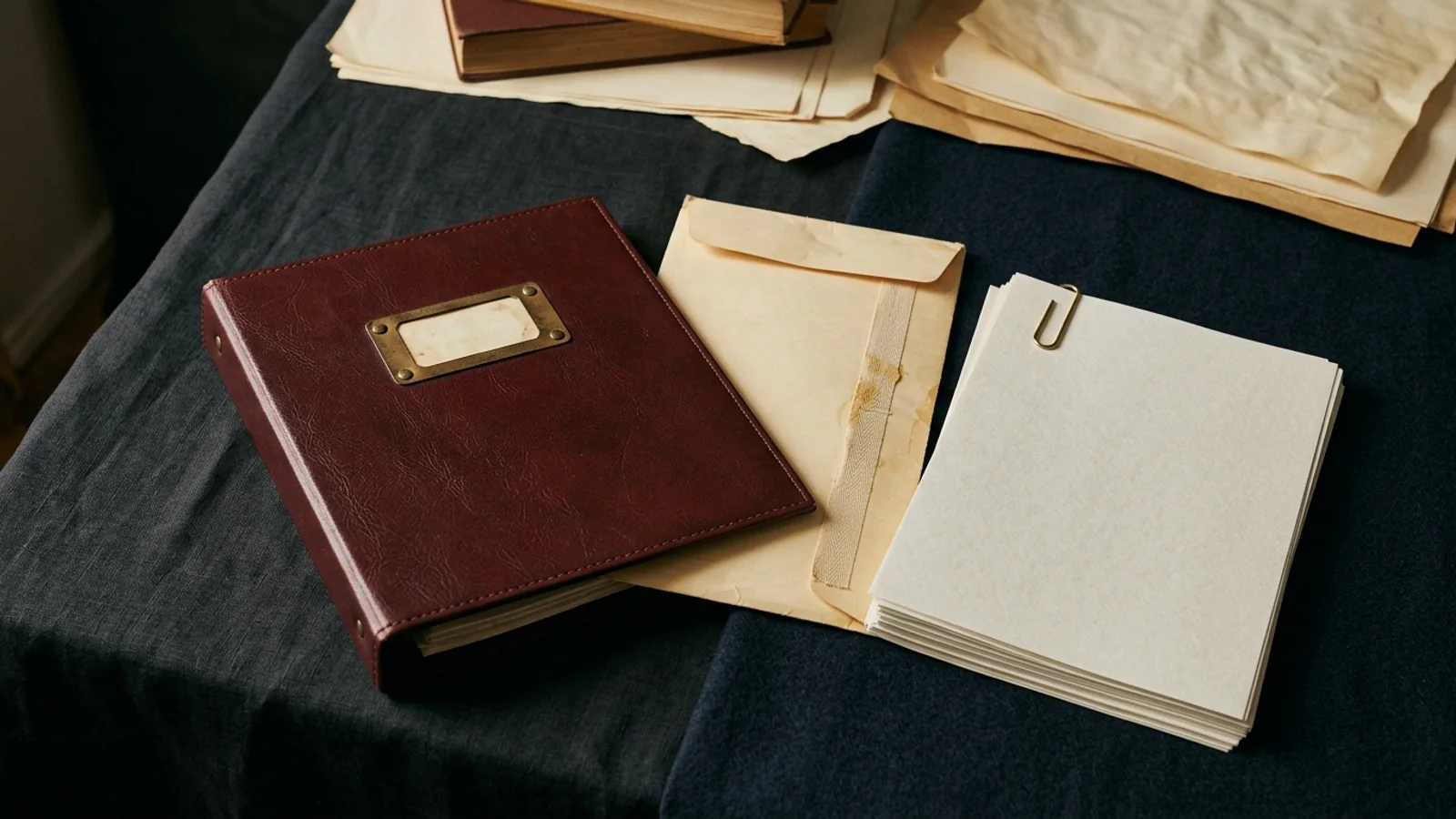 Editorial still life showing an oxblood clinical protocol binder, a sealed dossier packet, and unbranded paper-clipped source document records on a dark surface