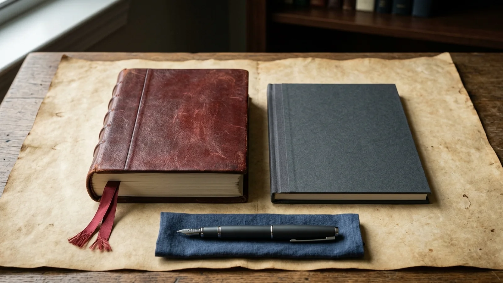 Editorial still life of an unmarked protocol binder, oxblood ribbon, companion folio, and fountain pen on warm parchment