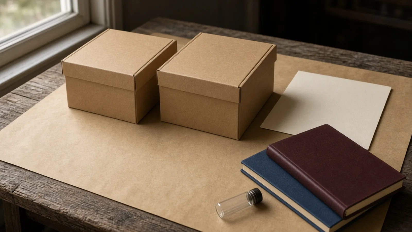 Editorial still life of two unbranded closed collection boxes, a blank unlined card, closed oxblood and navy notebooks, and an unlabelled tube on parchment under window light