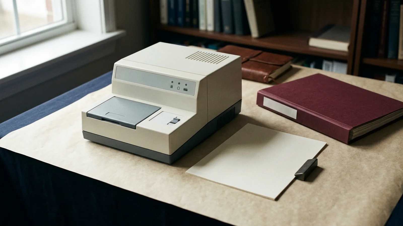 A research-journal still life of an unbranded benchtop analyzer module resting on parchment paper beside an oxblood folder and blank impact-assessment documentation.