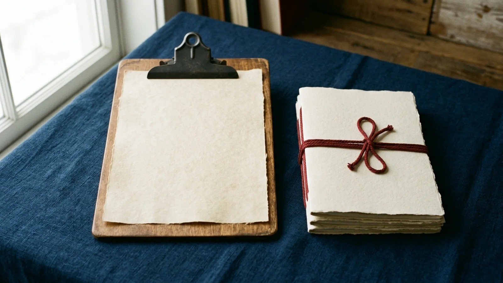 Editorial still life of an unmarked clipboard with a blank parchment sheet beside a stack of folios tied with an oxblood cord on navy cloth