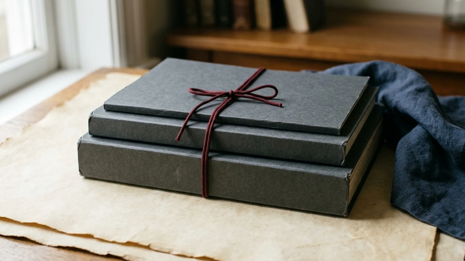 Editorial still life of three stacked unmarked study folios tied with an oxblood cord on parchment beside muted navy cloth