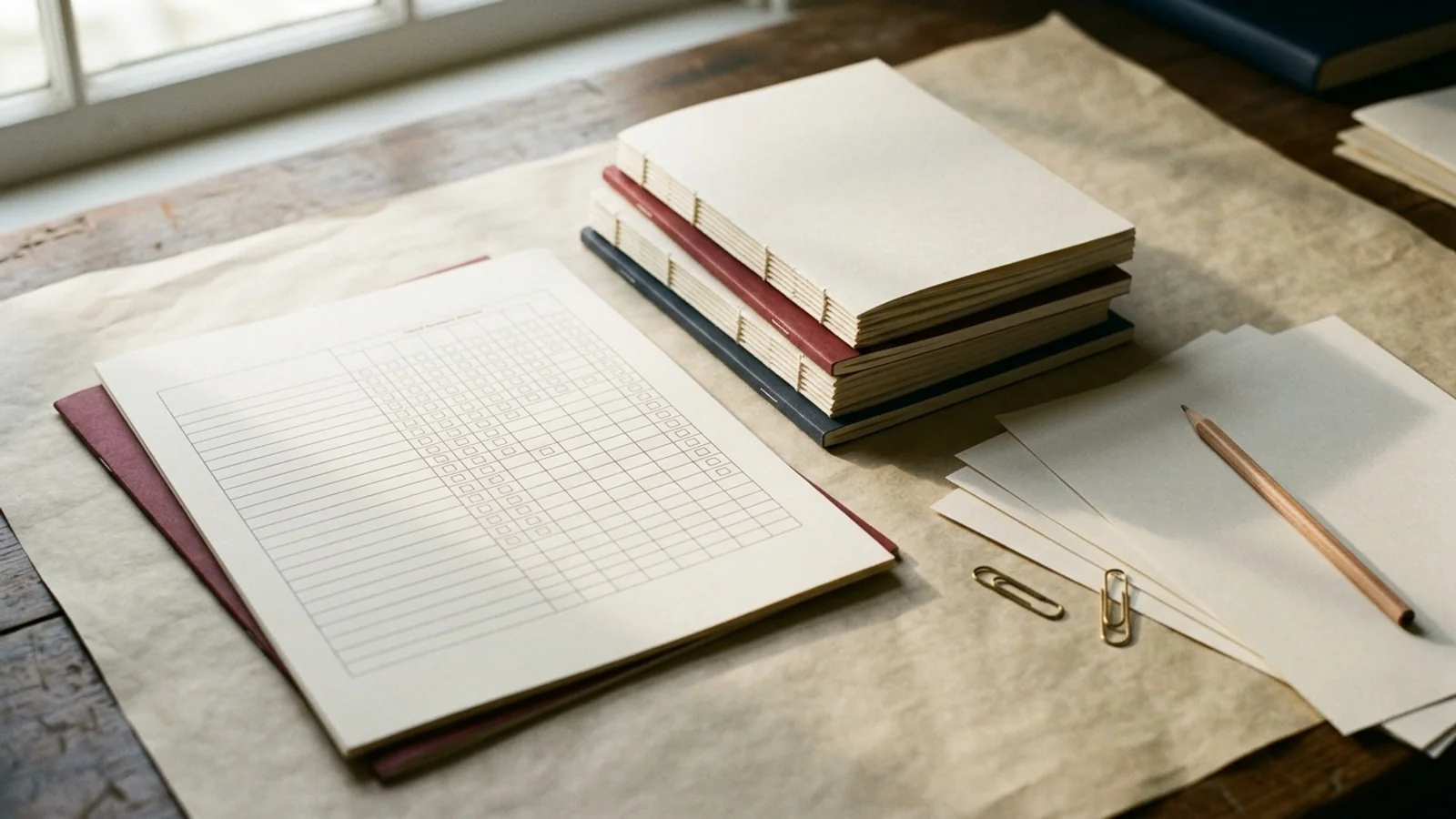 Blank assessment grid beside stacked notebooks, loose sheets, a pencil, and paper clips in warm window light.