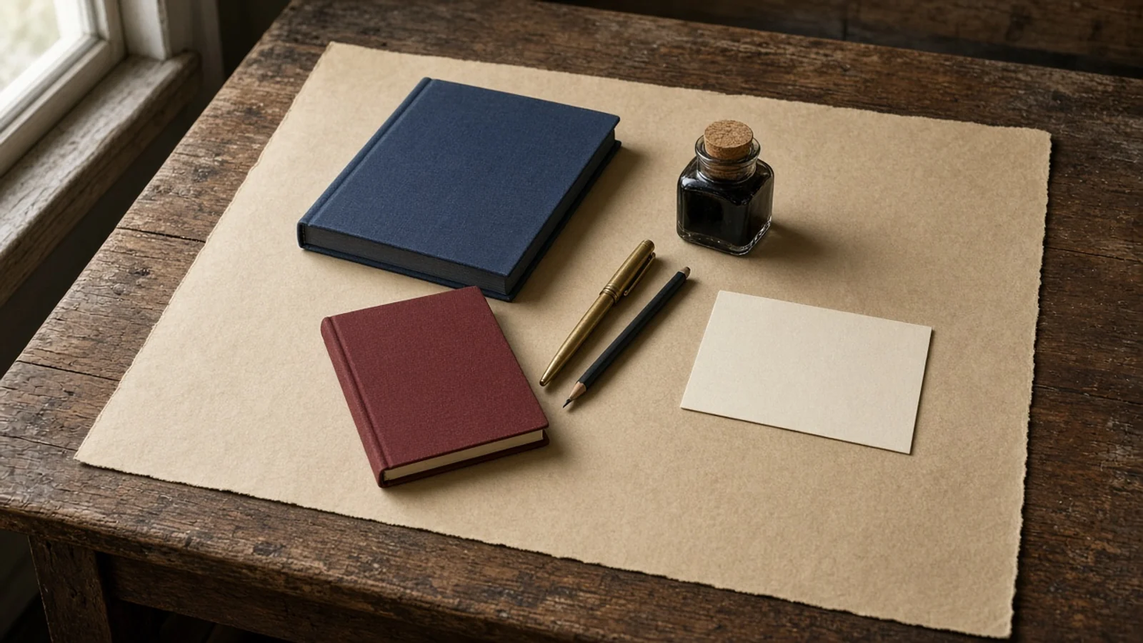 Editorial still life of a closed muted-navy folio, a closed oxblood notebook, and a blank unlined cream card set apart on warm parchment under natural window light