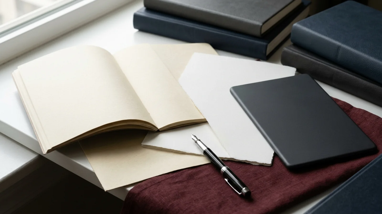 Editorial still life of an open blank paper folio, a second sheet, a fountain pen, and a screenless slate resting on warm parchment and oxblood linen.
