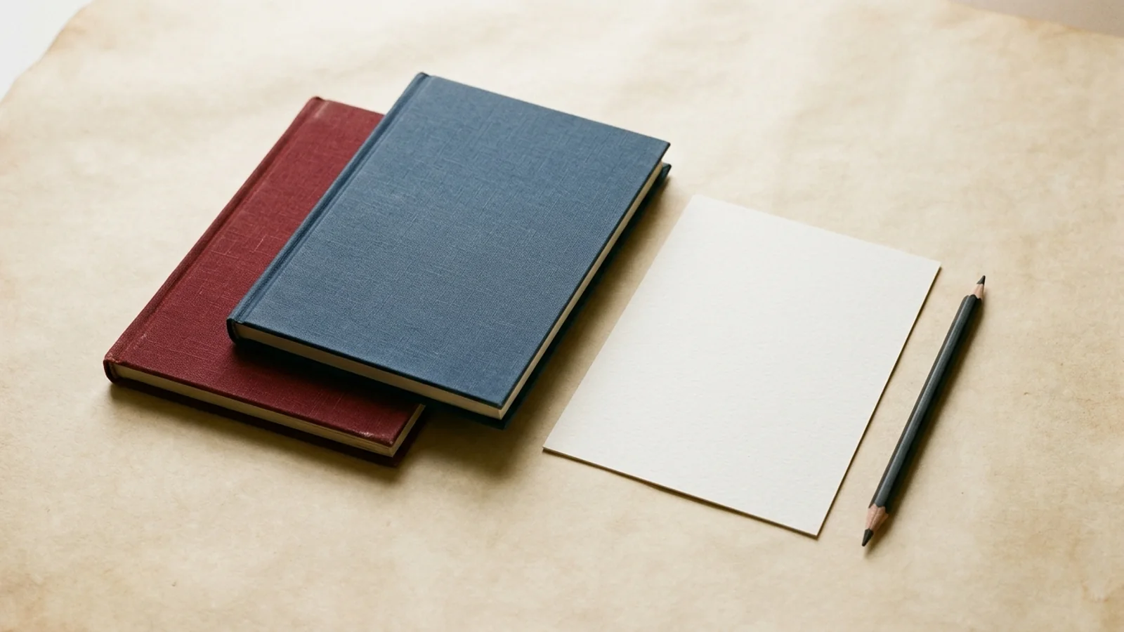Editorial still life of two closed unbranded protocol booklets in oxblood linen and muted navy lying on warm parchment beside a blank cardstock signature slip and an unused charcoal pencil in natural directional light