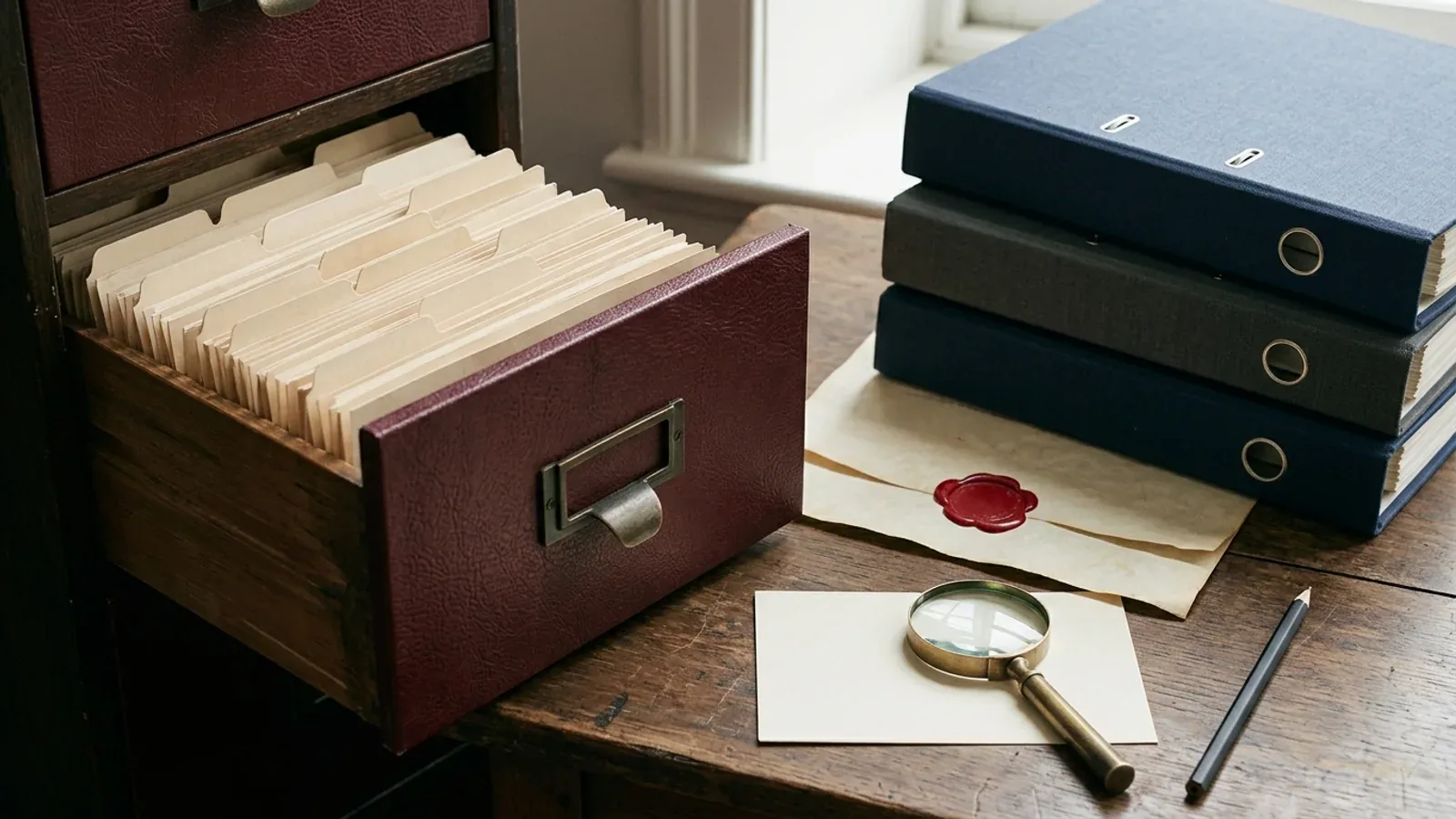 Editorial still life of an archival oxblood document drawer with tab dividers, unbranded study binders, sealed parchment document, brass magnifying glass, and blank index card on a wooden desk
