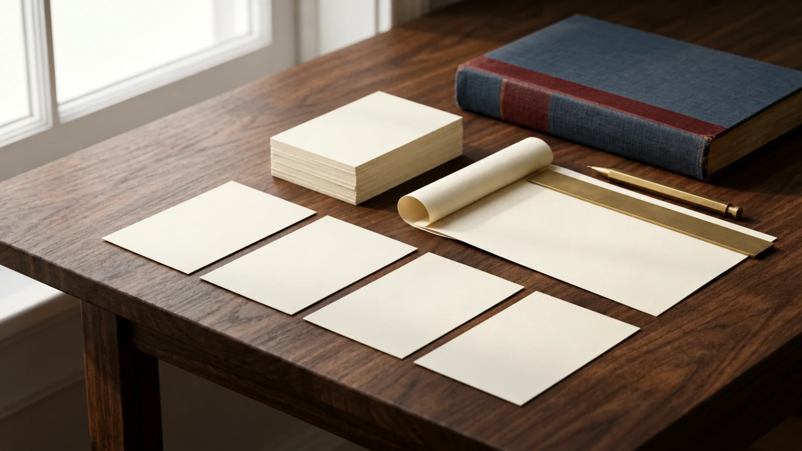 Four blank parchment cards separated from a stack beside a blank worksheet, plain brass straightedge, pencil, and unmarked navy-and-oxblood book in window light.