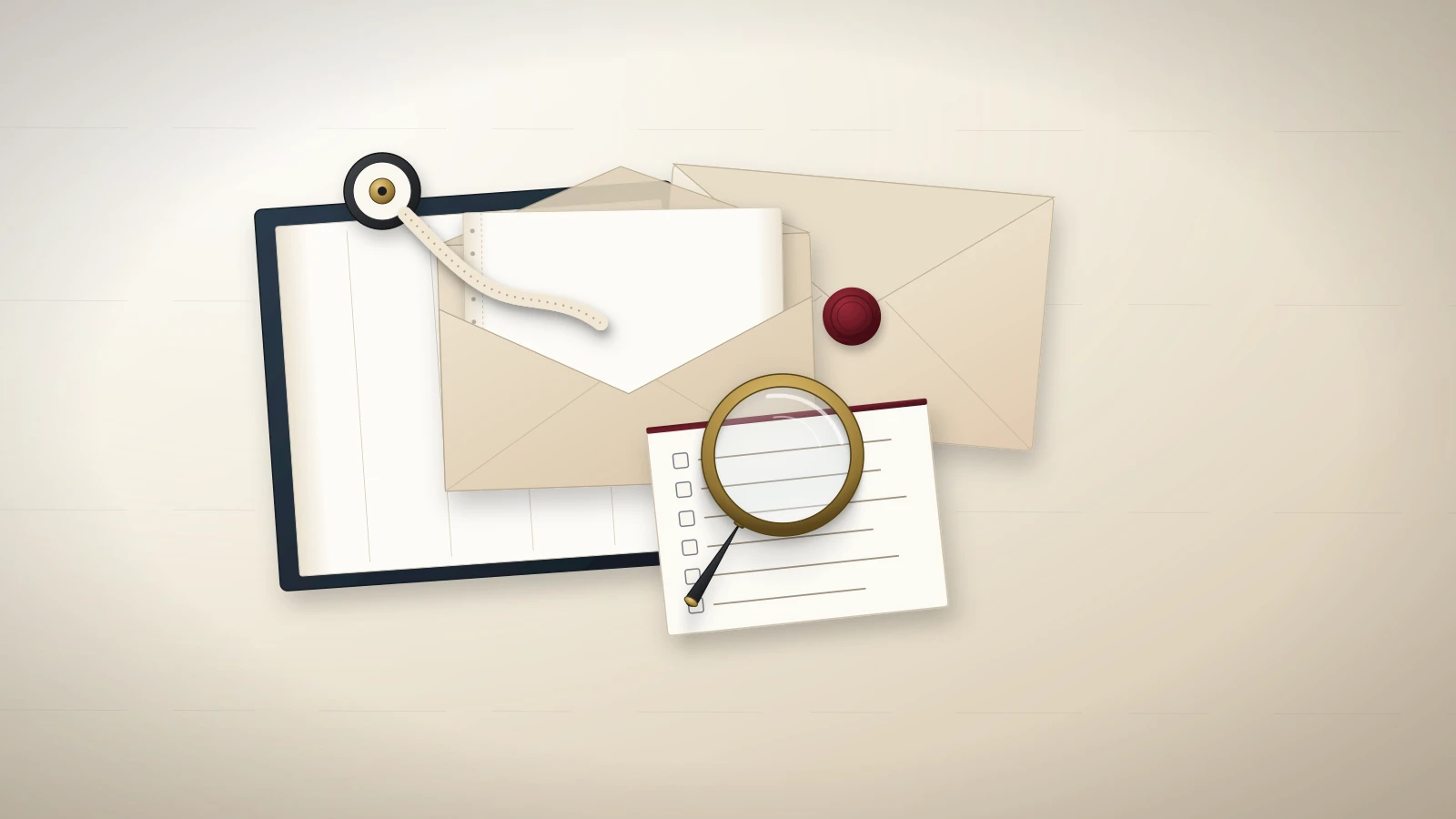 Illustrated archival-records still life with two envelopes, blank paper, a punched paper ribbon and a brass magnifier over an empty checklist.