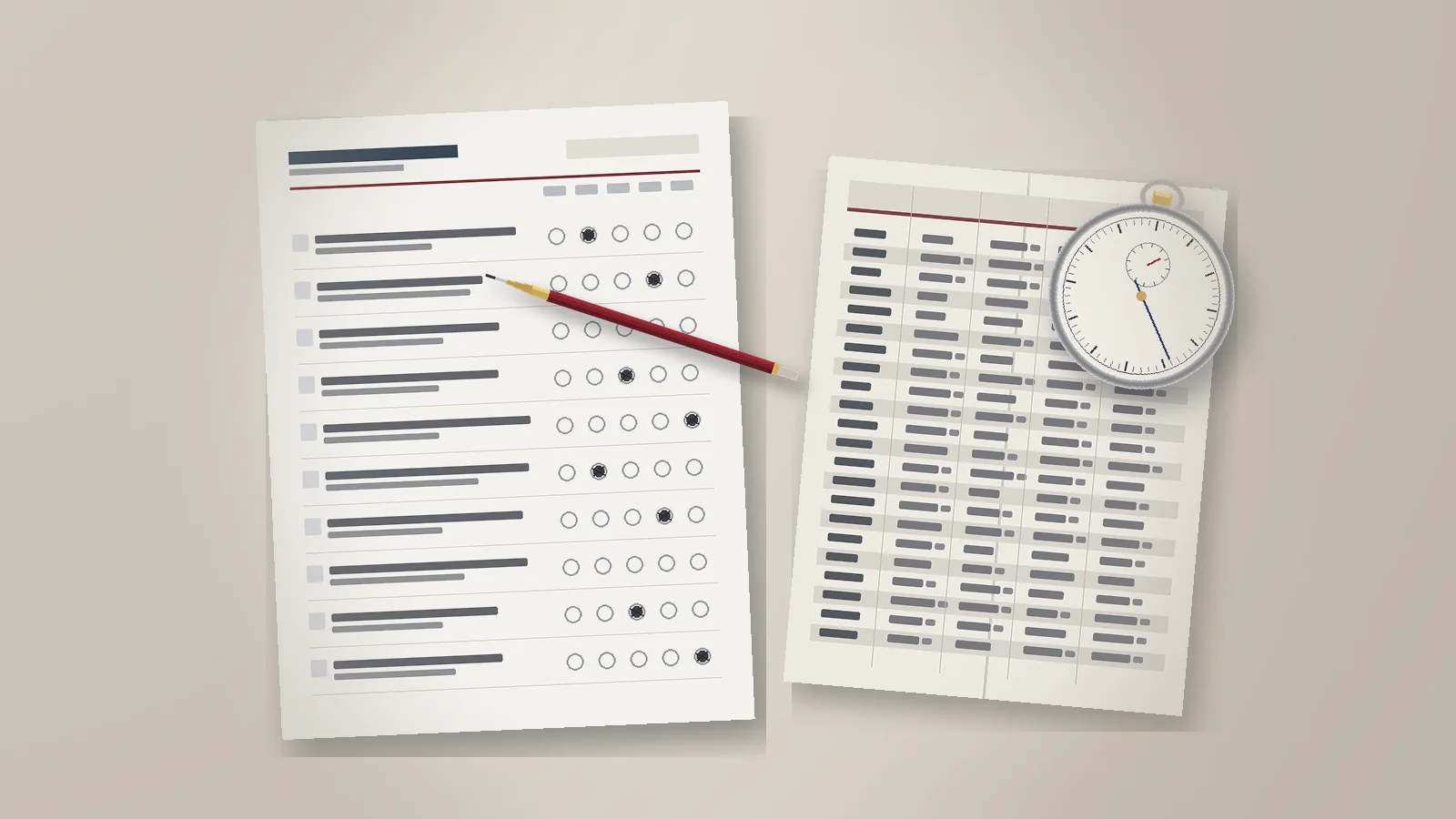 Still life of an unbranded ten-row response worksheet with two rows left blank, a red pencil, a printed table of illegible figures, and a stopwatch on a warm parchment background.