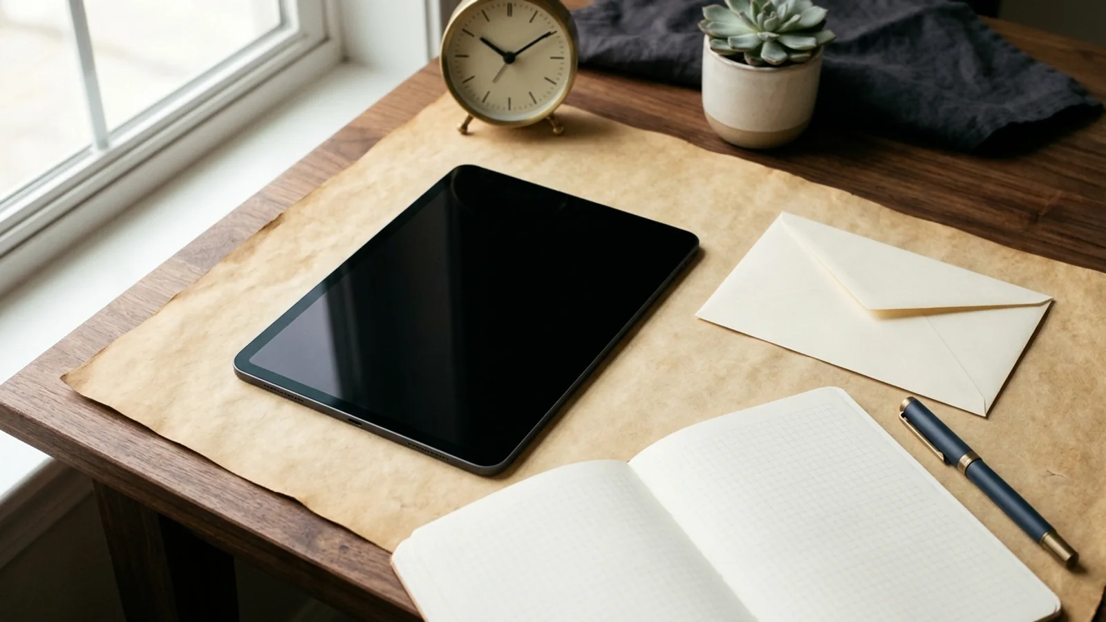A dark tablet, sealed envelope, blank gridded notebook, pen, and analog clock on a parchment-covered wooden desk beside a window.